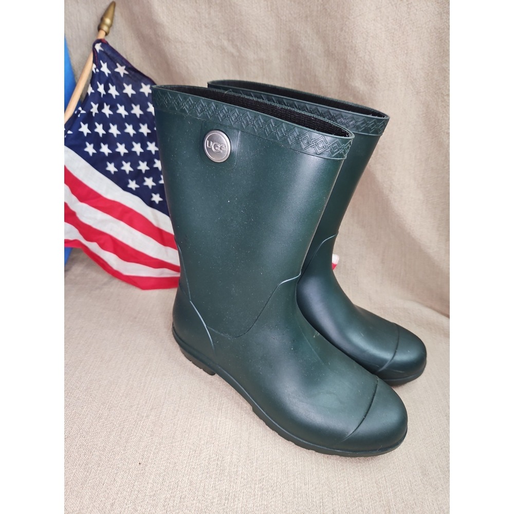 UGG Shelby Matte Rain Boots Tall Waterproof Rubber Forest Green Shearling Sz 8